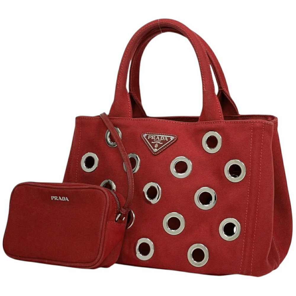 Prada Canapa Tote Shoulder Bag Perforated Canvas Red - Picture 1 of 7
